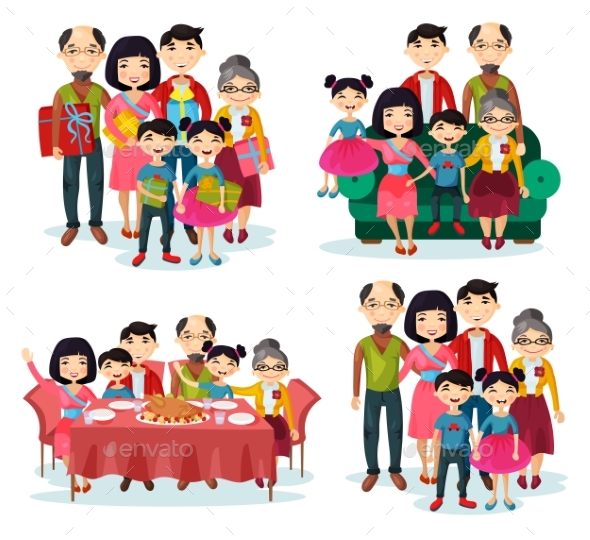 Family Portrait with Parents and Children on Sofa - People Characters