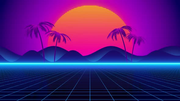 Retro 80s background with sunset