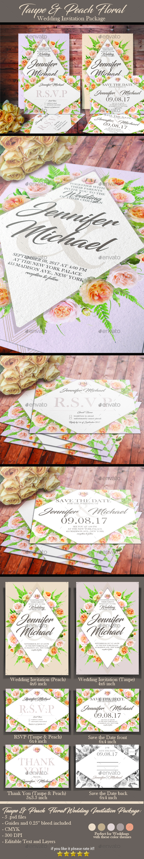 Taupe & Peach Floral Wedding Invitation Pack - Weddings Cards & Invites