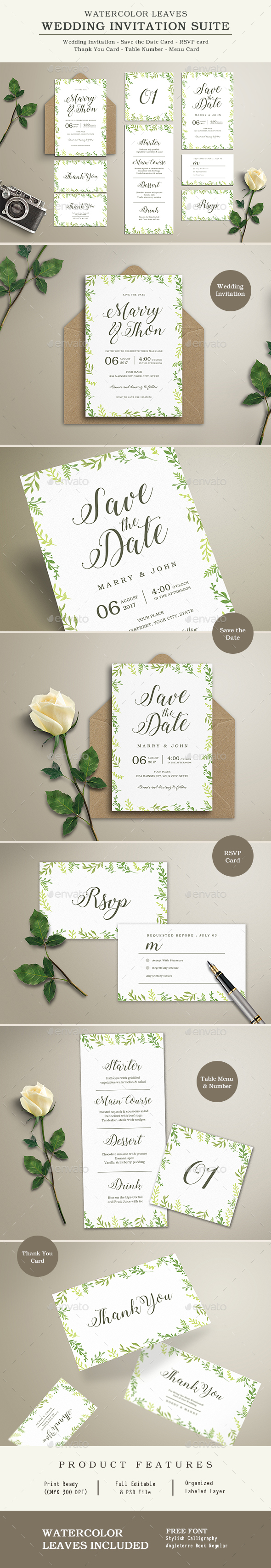 Watercolor Leaves Wedding Invitation Suite