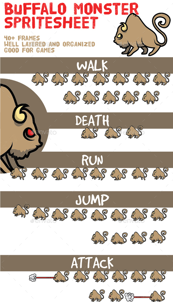 Buffalo Monster Spritesheet - Sprites Game Assets