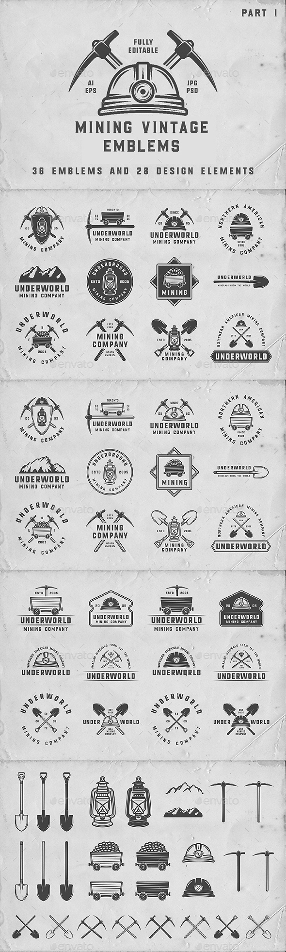 36 Vintage Mining Emblems - Badges & Stickers Web Elements