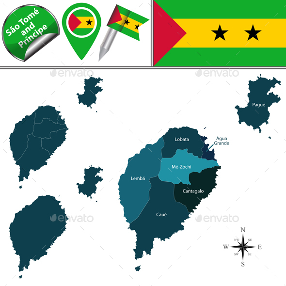 Map of Sao Tome and Principe with Named Districts - Travel Conceptual