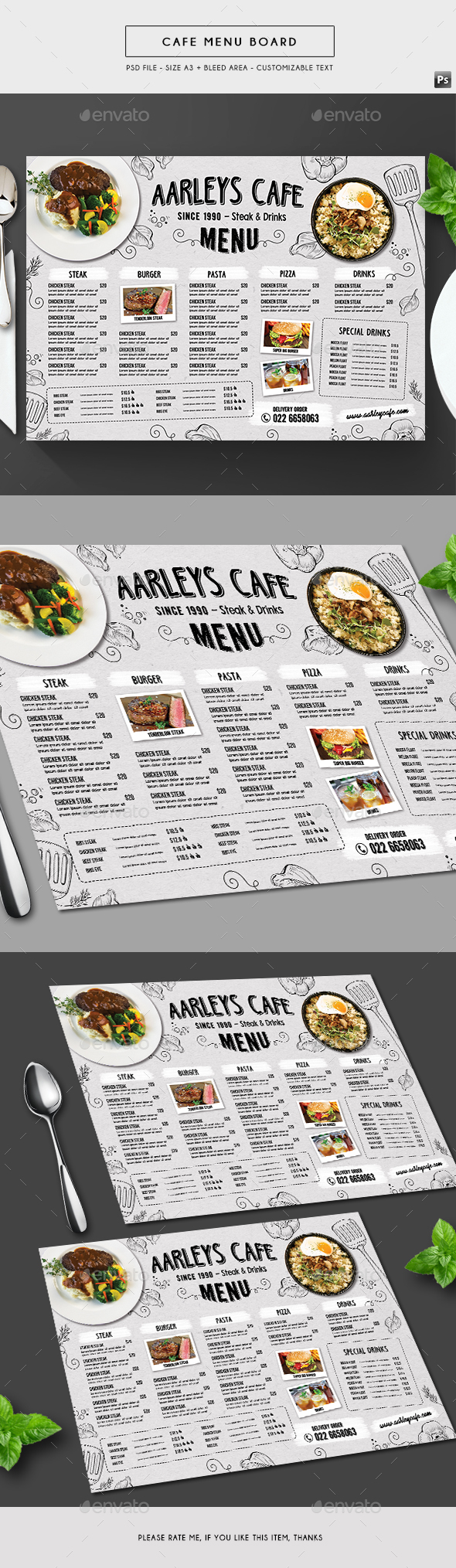 Doodle Cafe Menu Board - Food Menus Print Templates