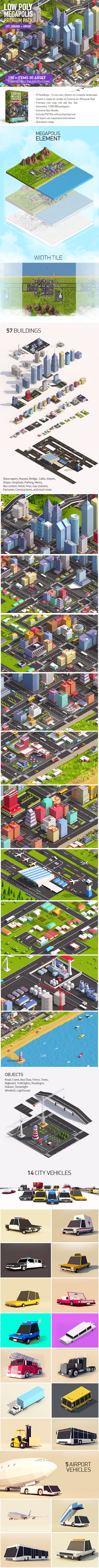 Low Poly Megapolis City Premium Pack (Landscape, Buildings, Airport) - 3DOcean Item for Sale
