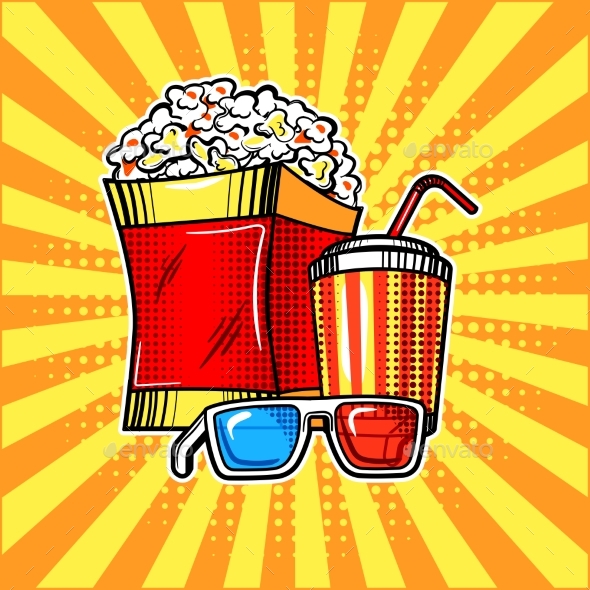 Popcorn Drink and Colorful Cinema Glasses - Food Objects