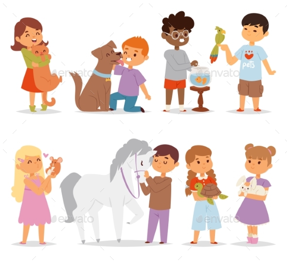 Toddler Cartoon Kids Characters Petting Little Pet - People Characters
