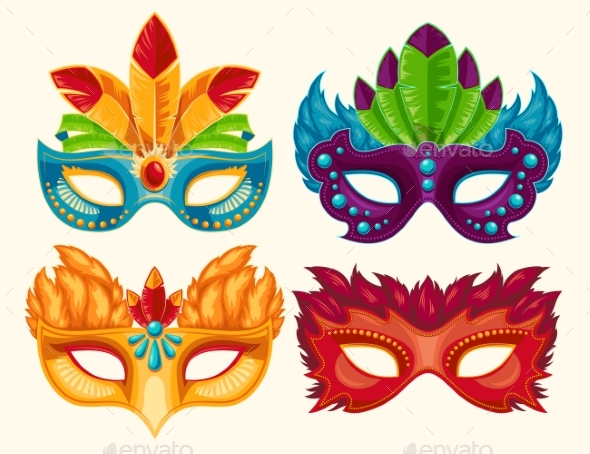 Collection of Cartoon Carnival Masks Decorated - Objects Vectors