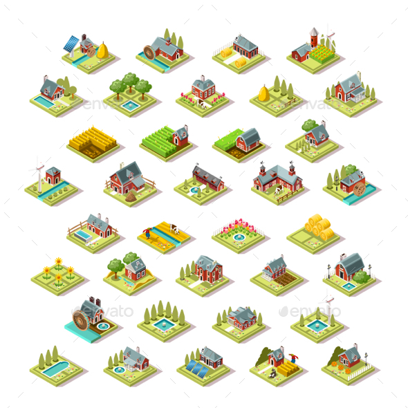 Isometric Building City Map Farm Icon Set - Buildings Objects