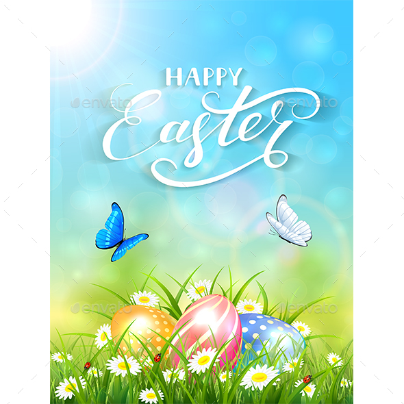 Blue Background with Butterflies and Three Easter Eggs in Grass - Seasons Nature