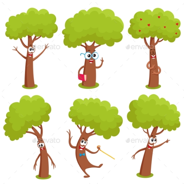 Set of Comic Tree Characters - Flowers & Plants Nature