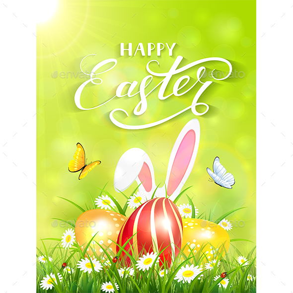 Green Background with Rabbit and Three Easter Eggs in Grass - Miscellaneous Seasons/Holidays