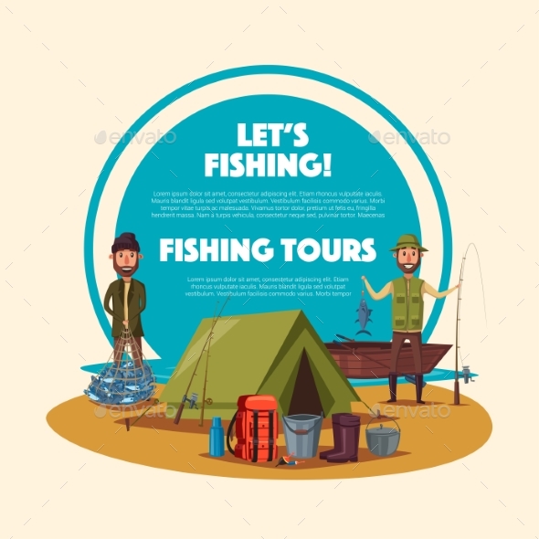 Fishing Tour Cartoon Poster with Fisherman Camp - Sports/Activity Conceptual