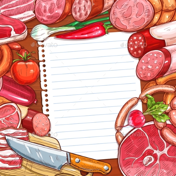 Meat and Sausages with Recipe or Menu Blank Paper - Food Objects