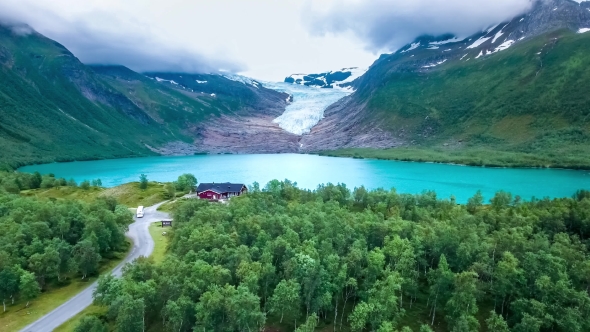 Svartisen Glacier in Norway Aerial View. alt