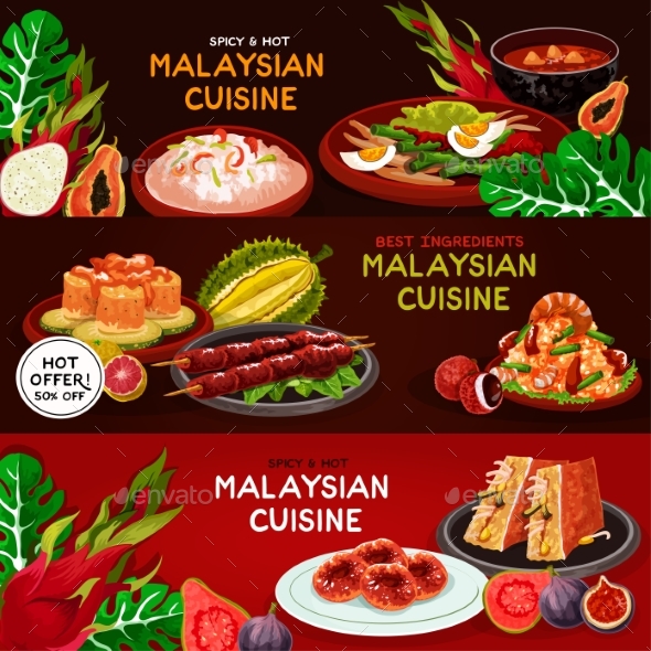 Malaysian Cuisine Restaurant Banner Set Design - Food Objects
