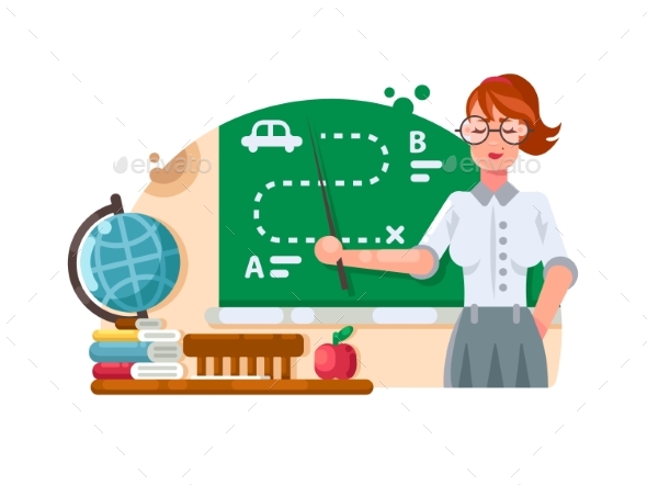 School Teacher Stands Near Blackboard - People Characters