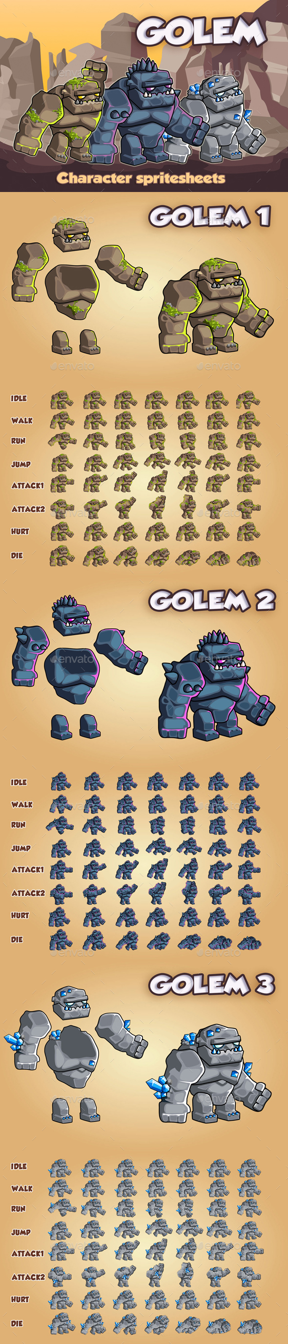 Golems 2D Game Character Sprite Sheet by craftpix_net | GraphicRiver