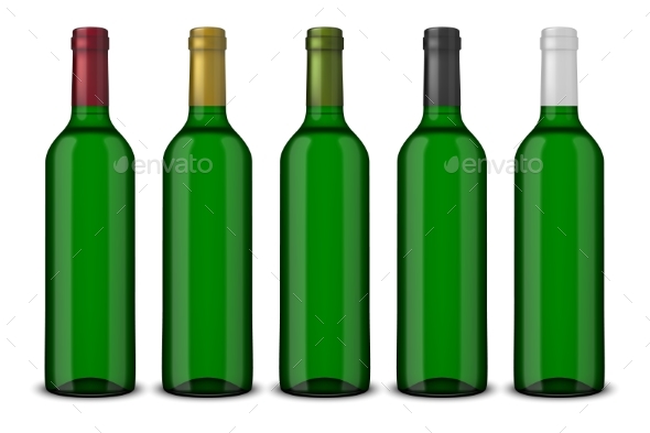 5 Realistic Green Bottles of Wine - Food Objects
