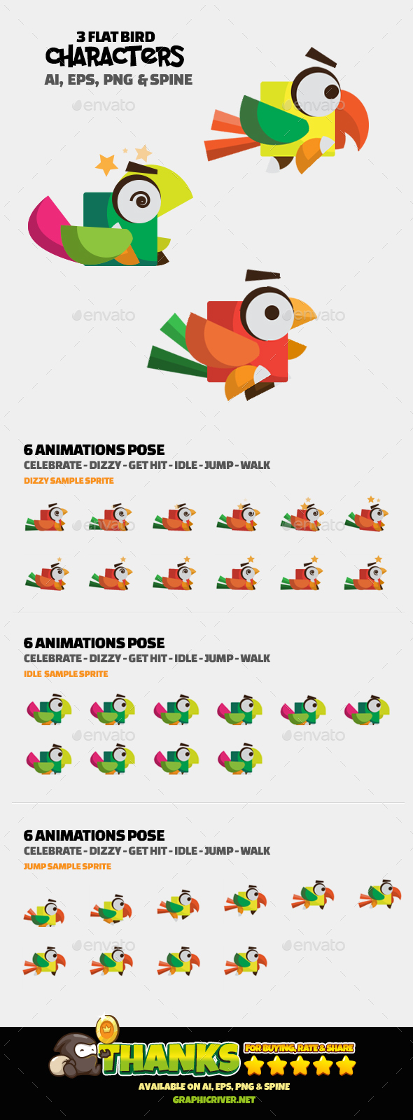 3 Flat Bird Characters - Sprites Game Assets