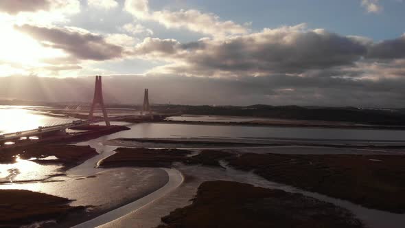 flying over river on sunset alt