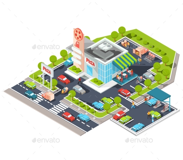 Isometric Illustration of a Modern Italian Restaurant - Buildings Objects