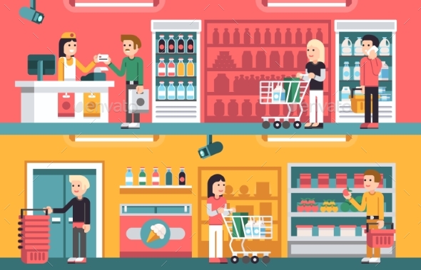 Shopping People and Counter in Super Market - Food Objects