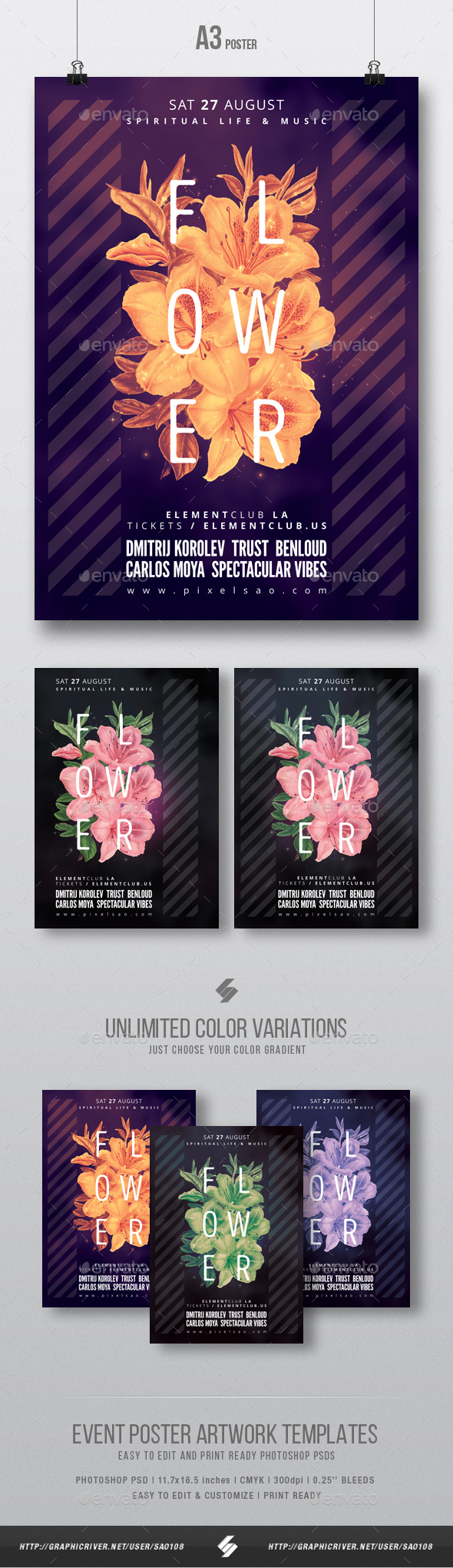 Progressive Flowers - Party Flyer / Poster Template A3 - Clubs & Parties Events