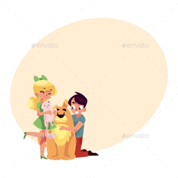Two Kids Hugging Pets - Animals Characters