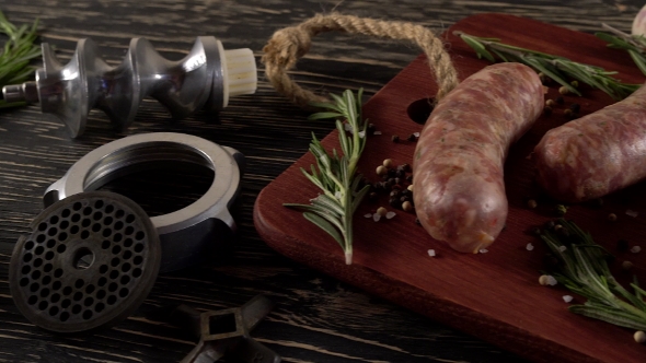 Raw Sausages , Garlic, Rosemary and Old Meat Grinder Parts