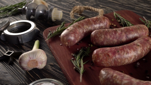 Raw Sausages , Garlic, Rosemary and Old Meat Grinder Parts