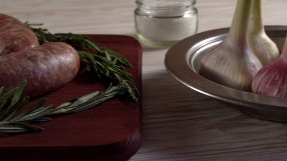 Raw Sausages , Garlic, Rosemary and Old Meat Grinder Parts