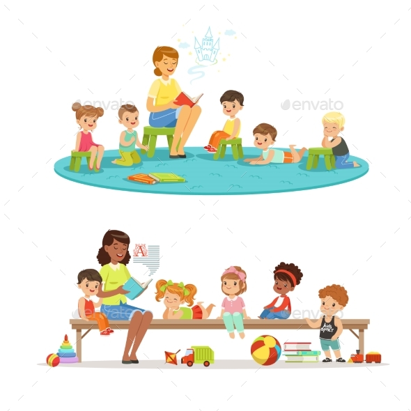Group of Preschool Kids and Teacher - Miscellaneous Vectors