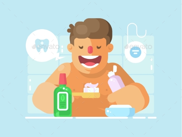 Young Guy Brushing Teeth with Whitening Paste - People Characters