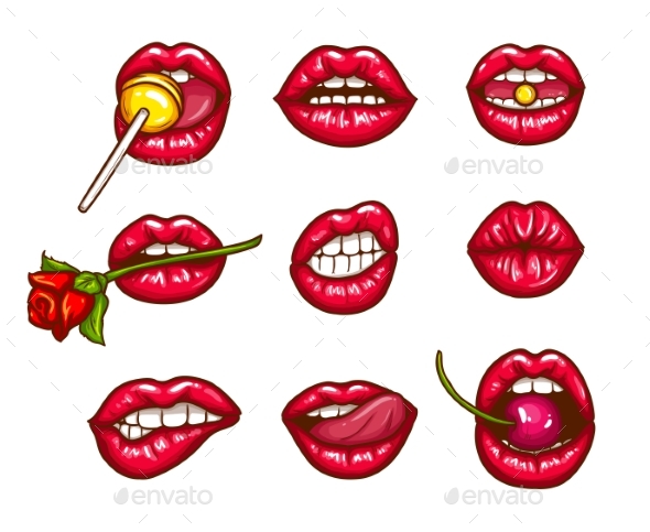 A Collection of Pop Art Icons of Red Female Lips - People Characters