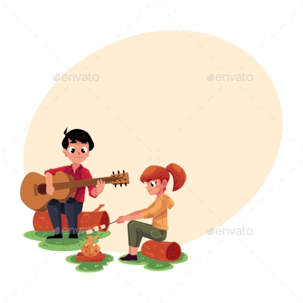 Camping Kids - Playing Guitar and Frying - People Characters