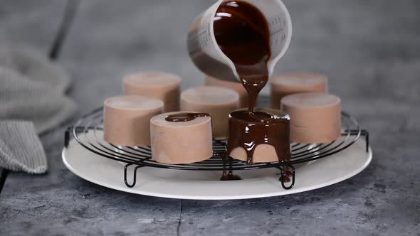 Pastry Chef Pours Mirror Glaze on the Chocolate Mousse Cakes