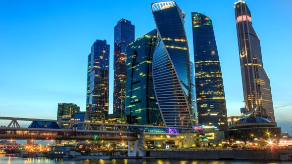View of Business Center Moscow City at Sunset.