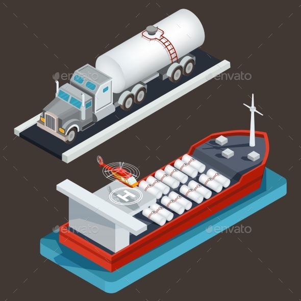 Isometric Truck with Tanker and Sea Tanker - Man-made Objects Objects