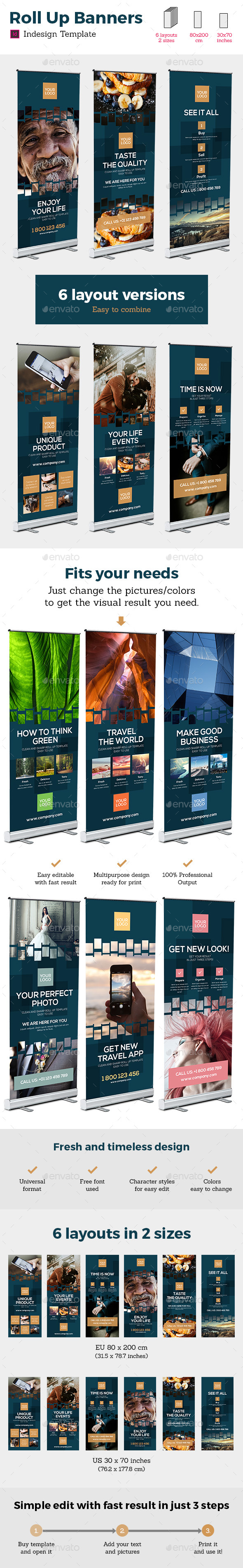 Rollup Stand Banner Display Digital Dark 12x Indesign Template - Signage Print Templates