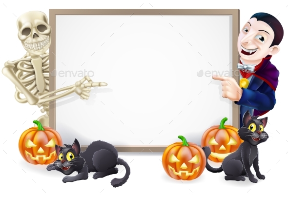 Halloween Sign with Skeleton and Dracula