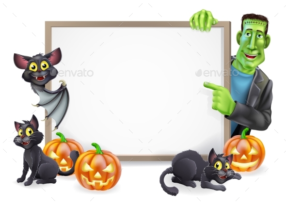 Halloween Sign with Bat and Frankenstein