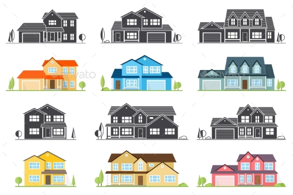 Vector Flat Icon Suburban American House. - Buildings Objects