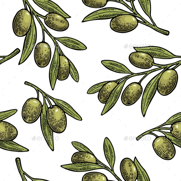 Seamless Pattern Olives on Branch with Leaves - Patterns Decorative