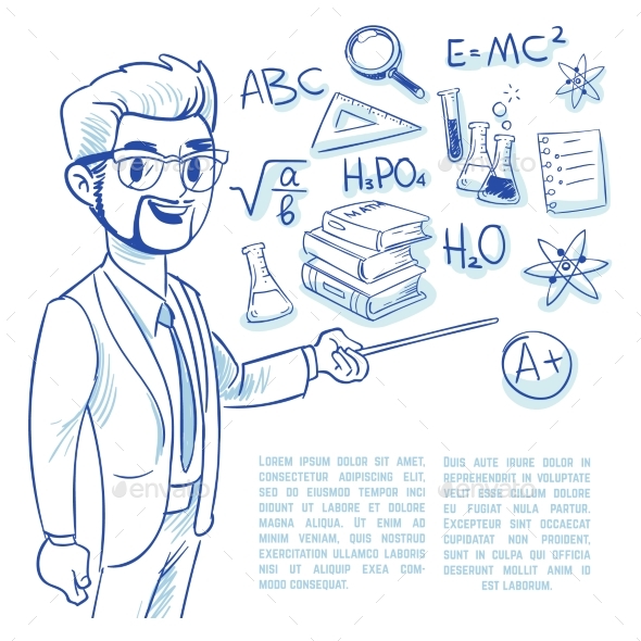 Teacher at the Blackboard and Education Doodle - People Characters