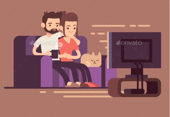 Relaxed Young Couple Watching TV at Home - People Characters