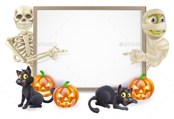 Halloween Sign with Skeleton and Mummy