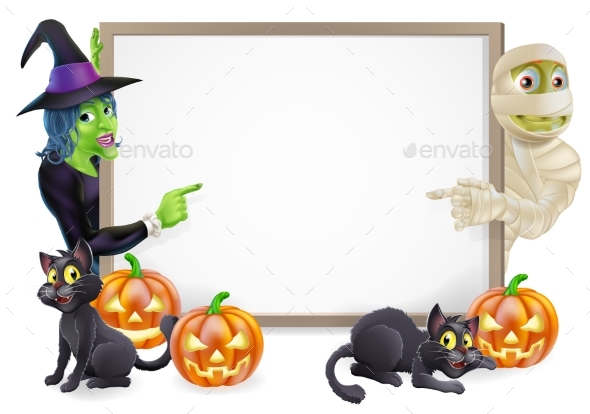 Mummy and Witch Halloween Sign