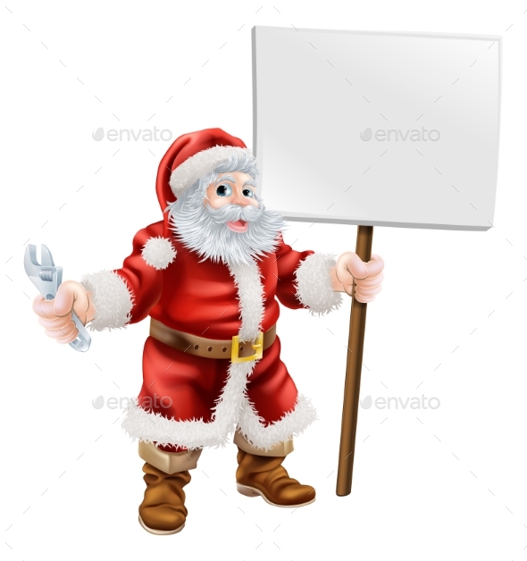 Santa Holding Spanner and Sign - Christmas Seasons/Holidays