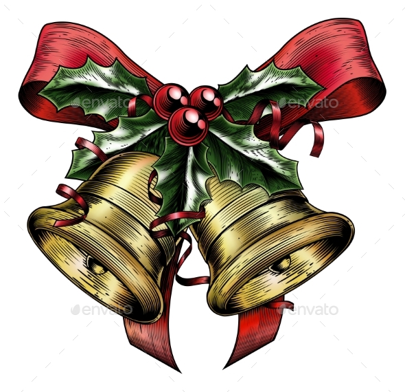 Vintage Etching Christmas Holly Bow - Christmas Seasons/Holidays